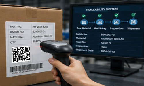 Engineer scanning QR code labels to track material batches and production records for precision metal parts.