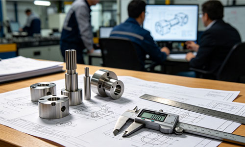 Manufacturing engineers reviewing CAD drawings and providing DFM feedback for precision metal components.