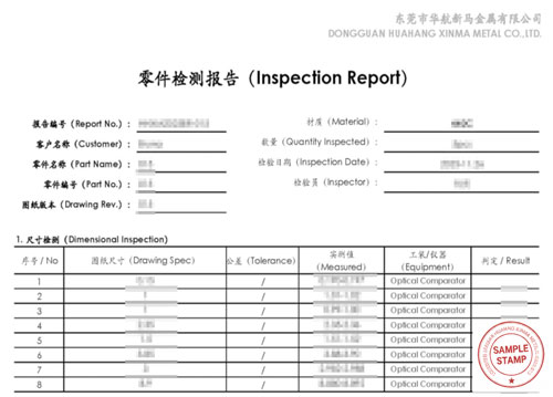 Dimensional inspection report sample for CNC machining parts