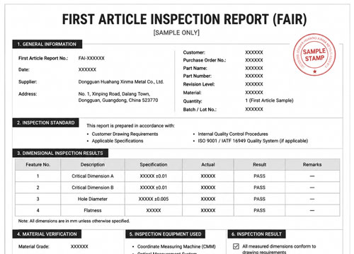 First Article Inspection Report sample for precision machined parts