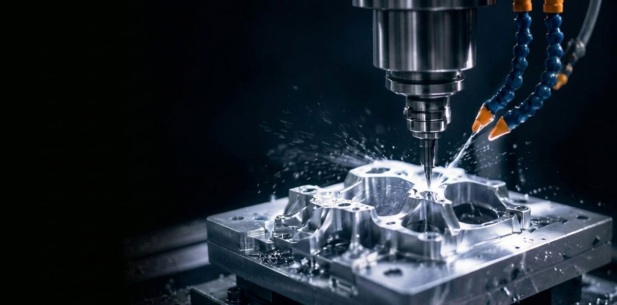 Precision CNC machining center manufacturing complex metal components for industrial applications