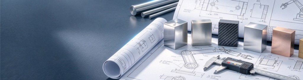 An engineering drawing on a desk with a caliper and various custom precision metal material blocks including steel, aluminum, brass, and copper, representing engineering support for manufacturing project review